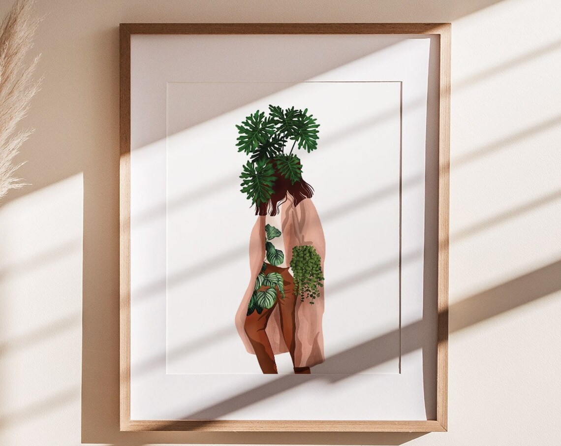 Woman Walking Away Monstera Head Blush Coat Chic Fashion Poster