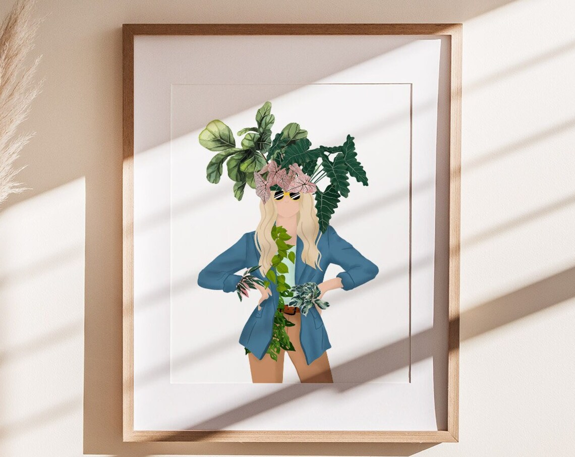 Blonde Woman Blue Blazer Pink Bow Monstera Head Fashion Poster
