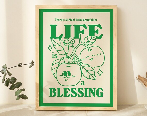 Retro Fruit Print Blessing Affirmation Illustration Market Wall Decor Green Orange Prints Gratitude Poster Positive Quotes Unframed