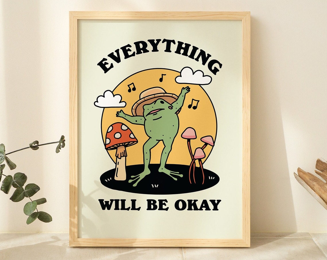 Everything Will Be Okay Dancing Frog Green Retro Affirmation Poster - Image 2