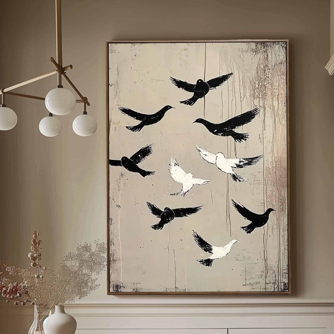 Beige Flying Birds Abstract Minimalist Neutral Tone Canvas Poster
