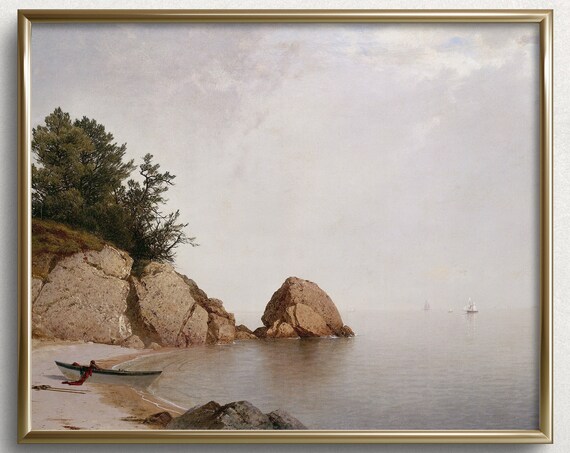 Rocky Cove Rowboat Sailboats Calm Sea Vintage Coastal Landscape Painting Poster
