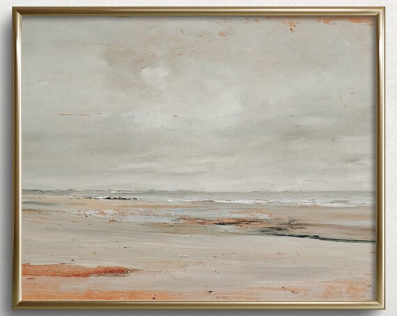 Cloudy Minimalist Beach Gray Sky Neutral Coastal Seascape Painting Poster