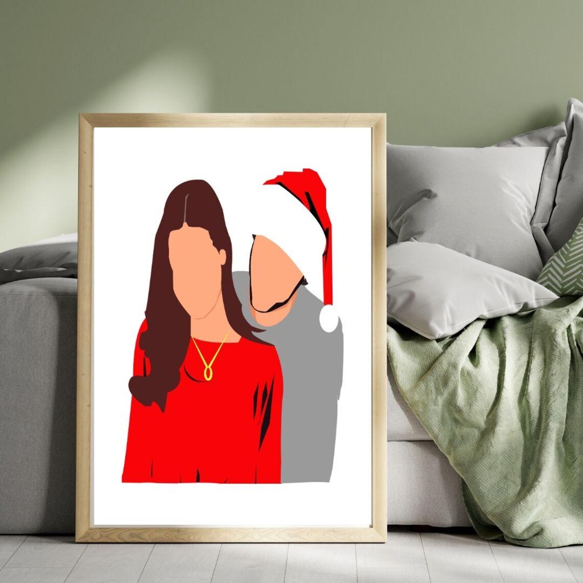 Faceless Christmas Couple With Santa Hat Modern Illustration Poster - Image 3