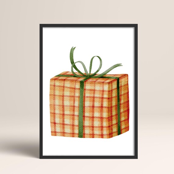 Watercolor Plaid Gift Box With Green Ribbon Bow Christmas Poster