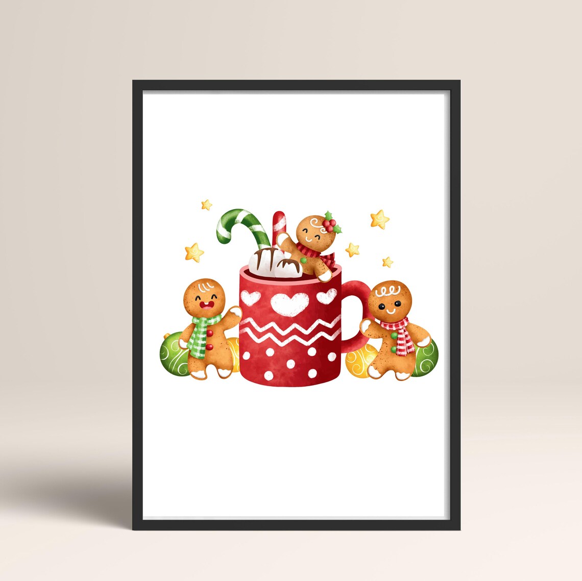 Gingerbread Men And Red Cocoa Mug Watercolor Christmas Poster