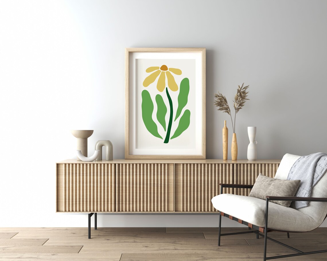 Minimalist Yellow Daisy Bloom Green Leaves Modern Floral Poster - Image 2