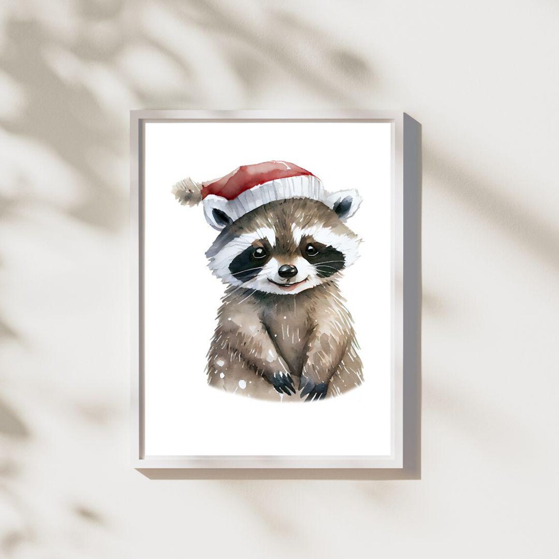 Cute Watercolor Baby Raccoon In Red Santa Hat Christmas Print - Image 2