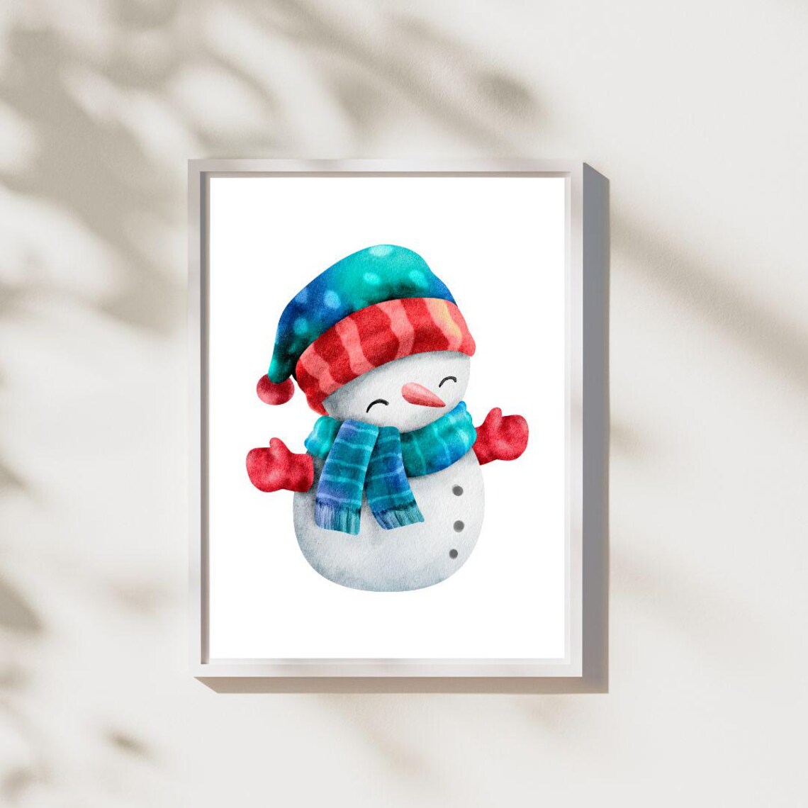 Cute Watercolor Snowman Blue Hat Christmas Poster Art For Kids - Image 2