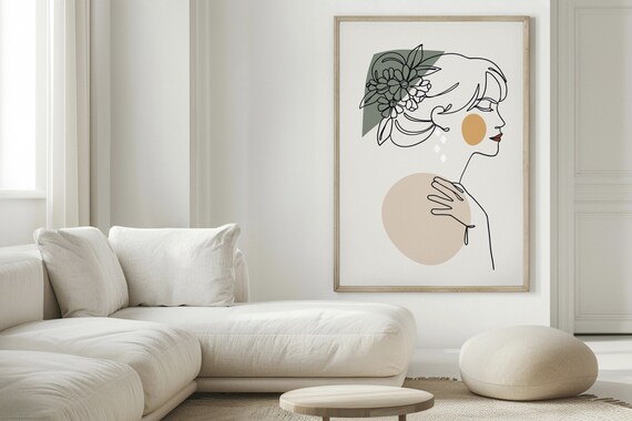 Woman Line Art Floral Headdress Elegant Modern Boho Wall Print