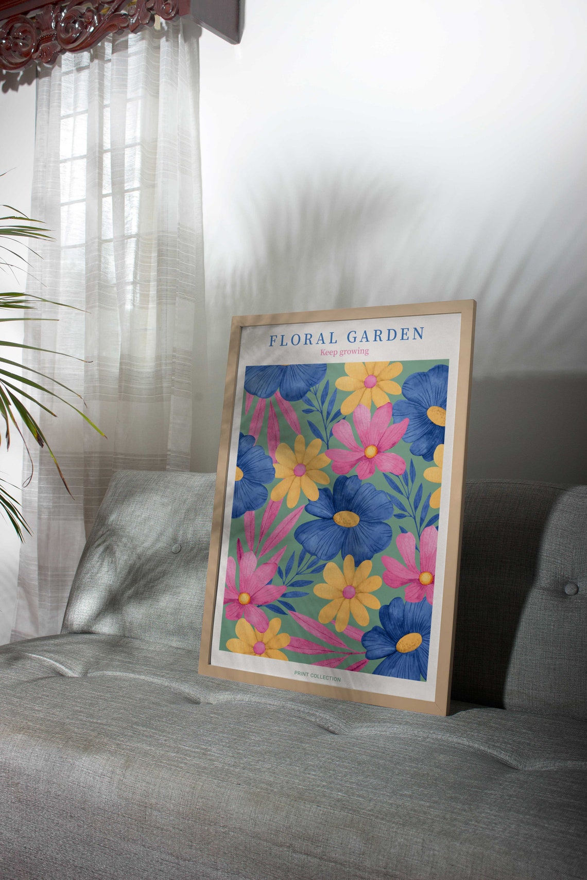 Floral Garden Keep Growing Blue Pink Yellow Blooms Botanical Poster