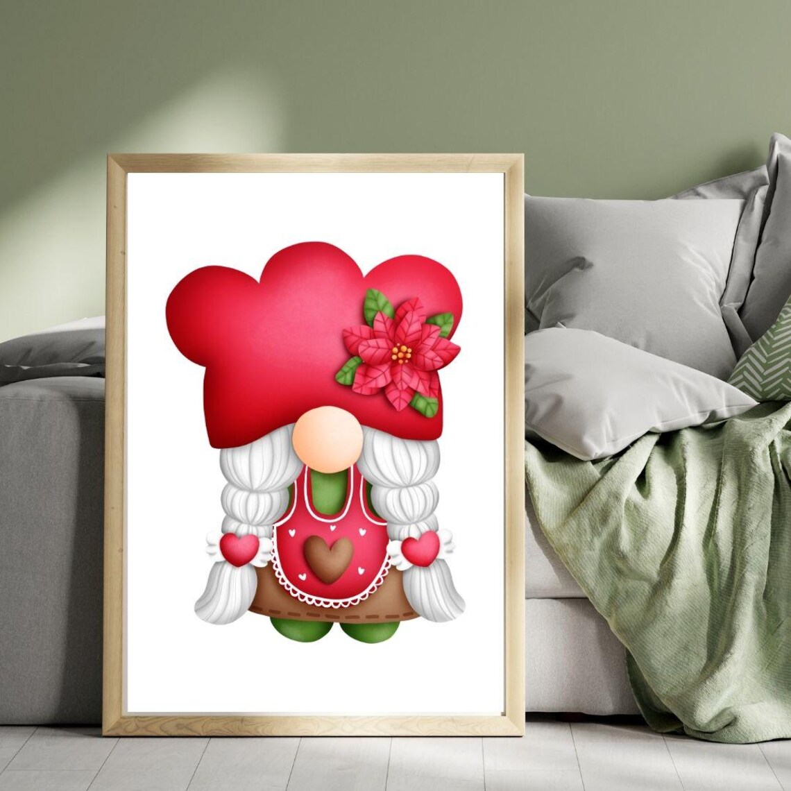 Cute Lady Gnome With Poinsettia Hat And Heart Apron Christmas Poster - Image 3
