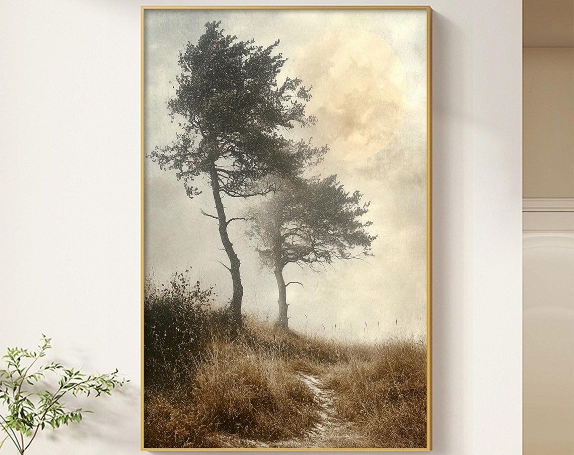 Lone Tree Golden Field Hazy Sky Vintage Landscape Wall Art Painting - Image 4