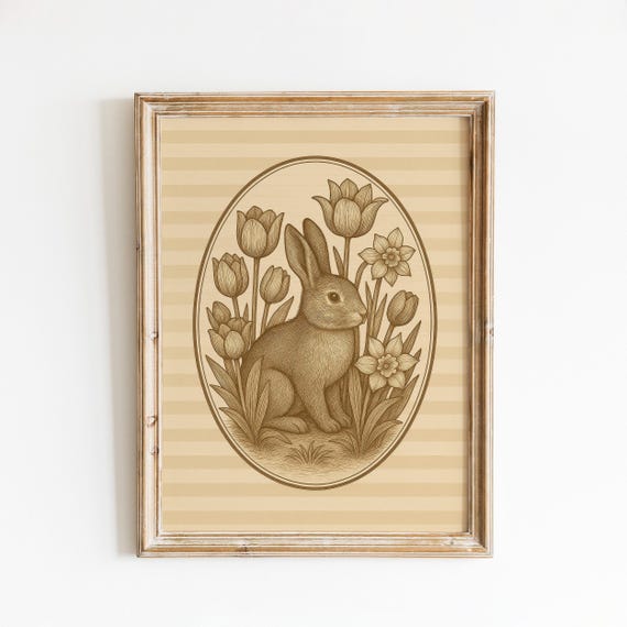 Sepia Bunny Oval Poster Vintage Style Rabbit Illustration With Floral Frame