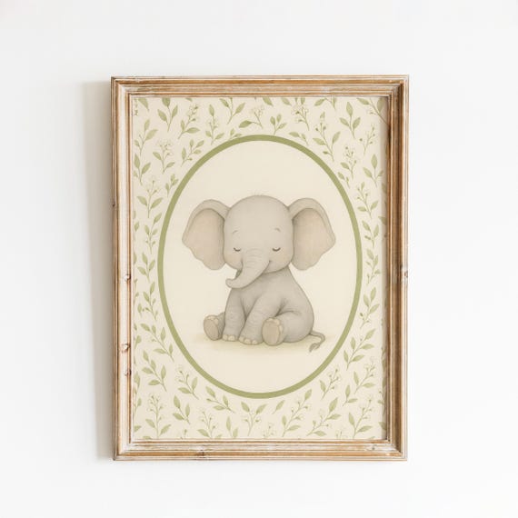 Vintage Oval Elephant Nursery Poster Sleeping Baby Animal Wall Art