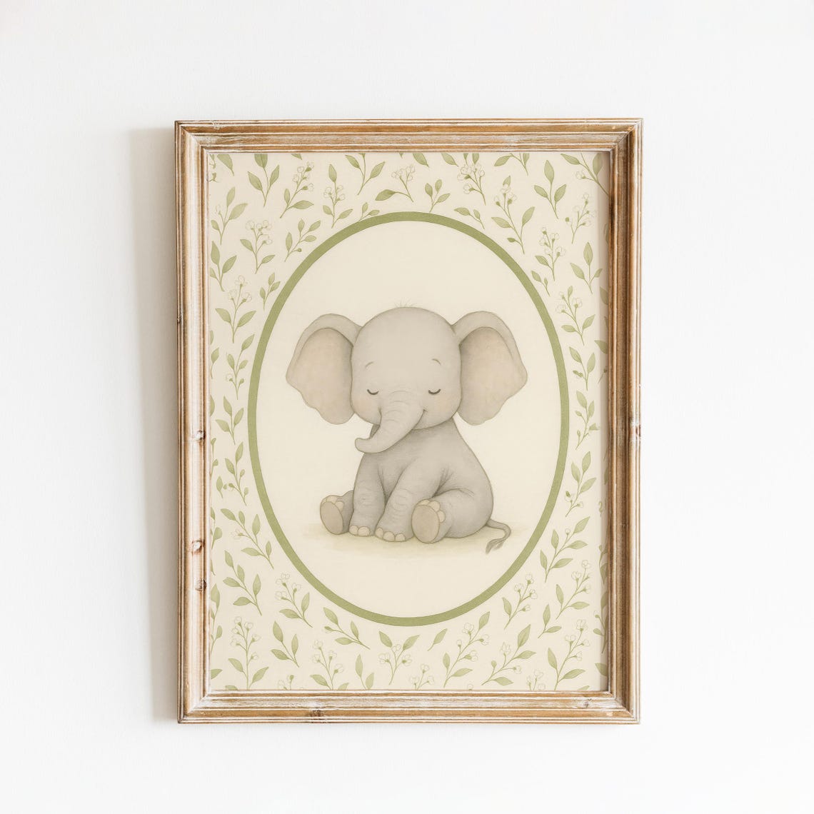 Vintage Oval Elephant Nursery Poster Sleeping Baby Animal Wall Art