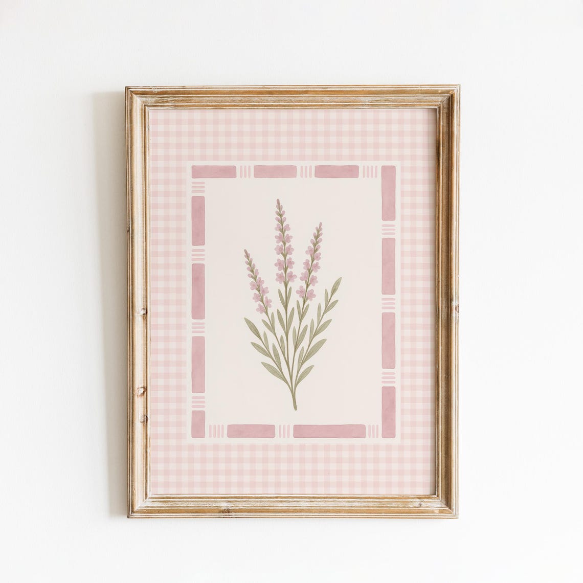 Pink Lavender Botanical Print With Blush Gingham Checkered Border