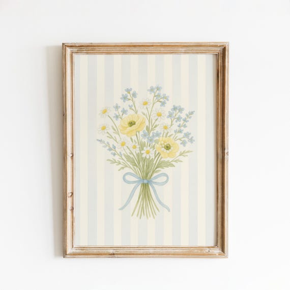 Yellow Ranunculus Blue Floral Art Print Soft Baby Stripe Poster Vintage Nursery Wall Decor