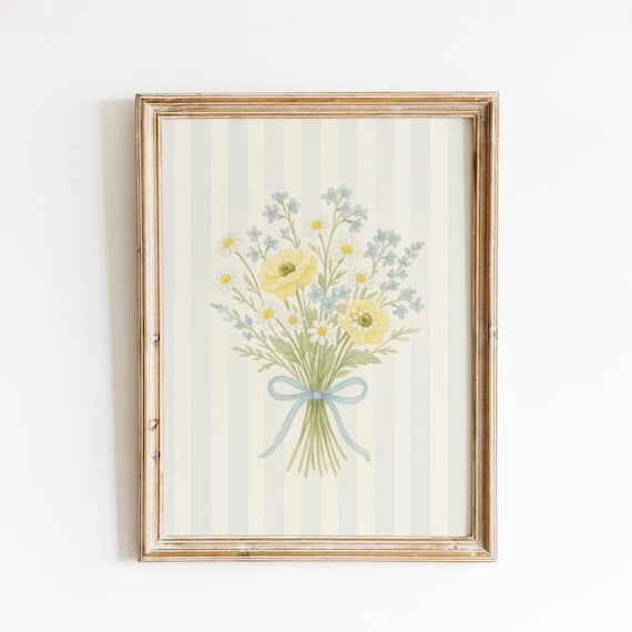 Yellow Ranunculus Blue Ribbon Bouquet Watercolor Floral Poster