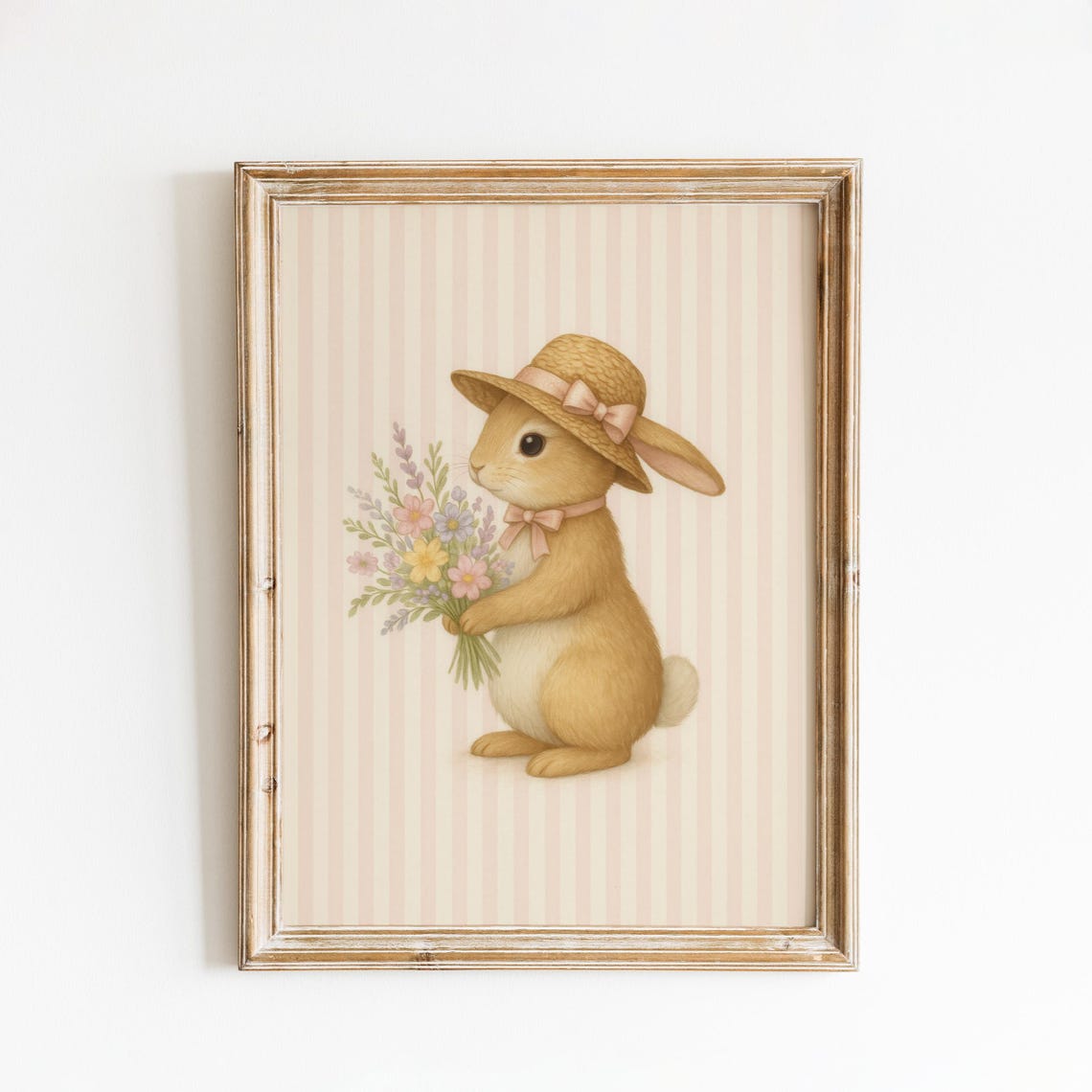Cute Bunny in Straw Hat Holding Flowers Pastel Nursery Poster