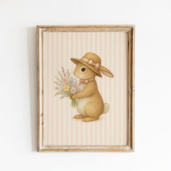 Straw Hat Bunny Nursery Poster Pastel Rabbit With Flowers And Bow Wall Art