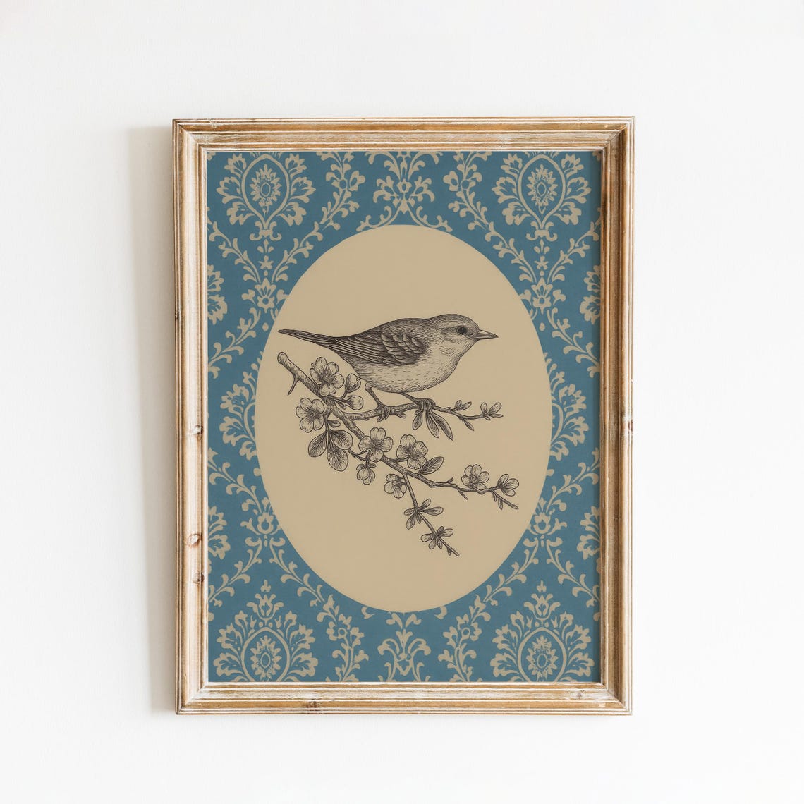 Baroque Songbird Ink Illustration Vintage Style Bird Poster Damask Art