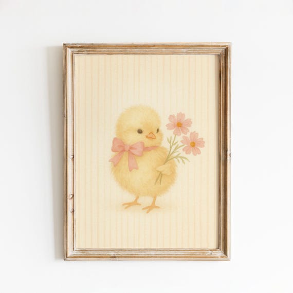 Pastel Chick Nursery Poster Yellow Baby Bird With Pink Bow And Flowers