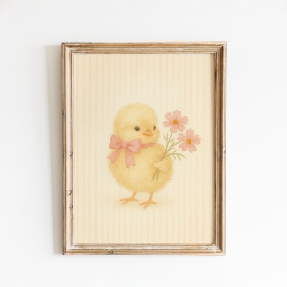 Yellow Chick with Pink Bow Holding Flowers Pastel Nursery Poster
