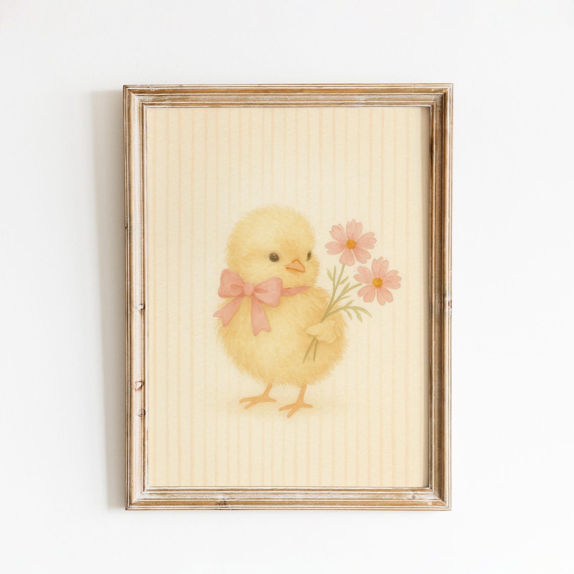 Yellow Chick with Pink Bow Holding Flowers Pastel Nursery Poster