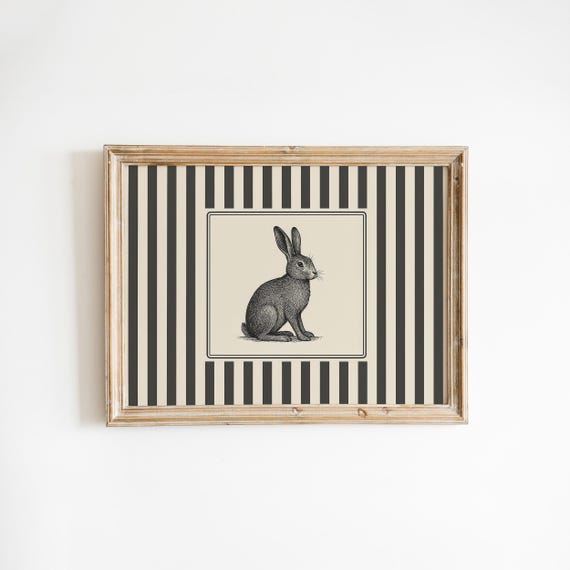 Rabbit Wall Art Vintage Bunny Illustration With Striped Gothic Frame