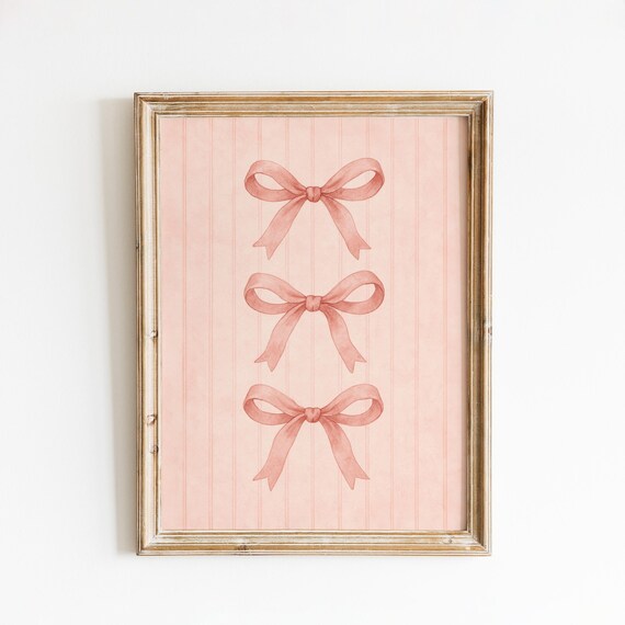 Three Pink Ribbon Bows Vertical Striped Coquette Style Print