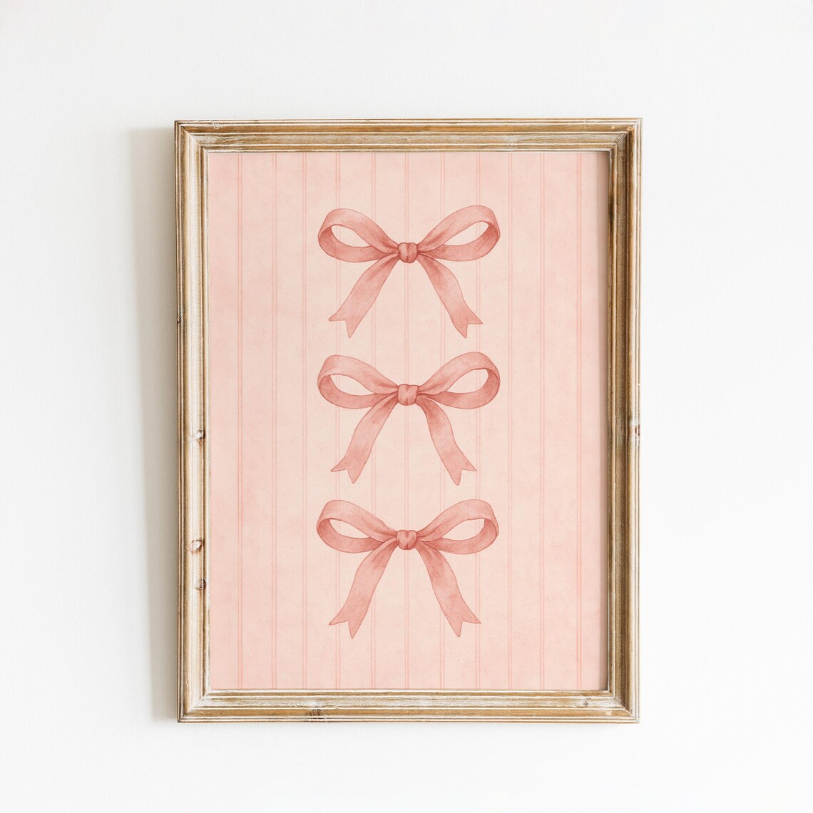 Three Pink Ribbon Bows Vertical Striped Coquette Style Print