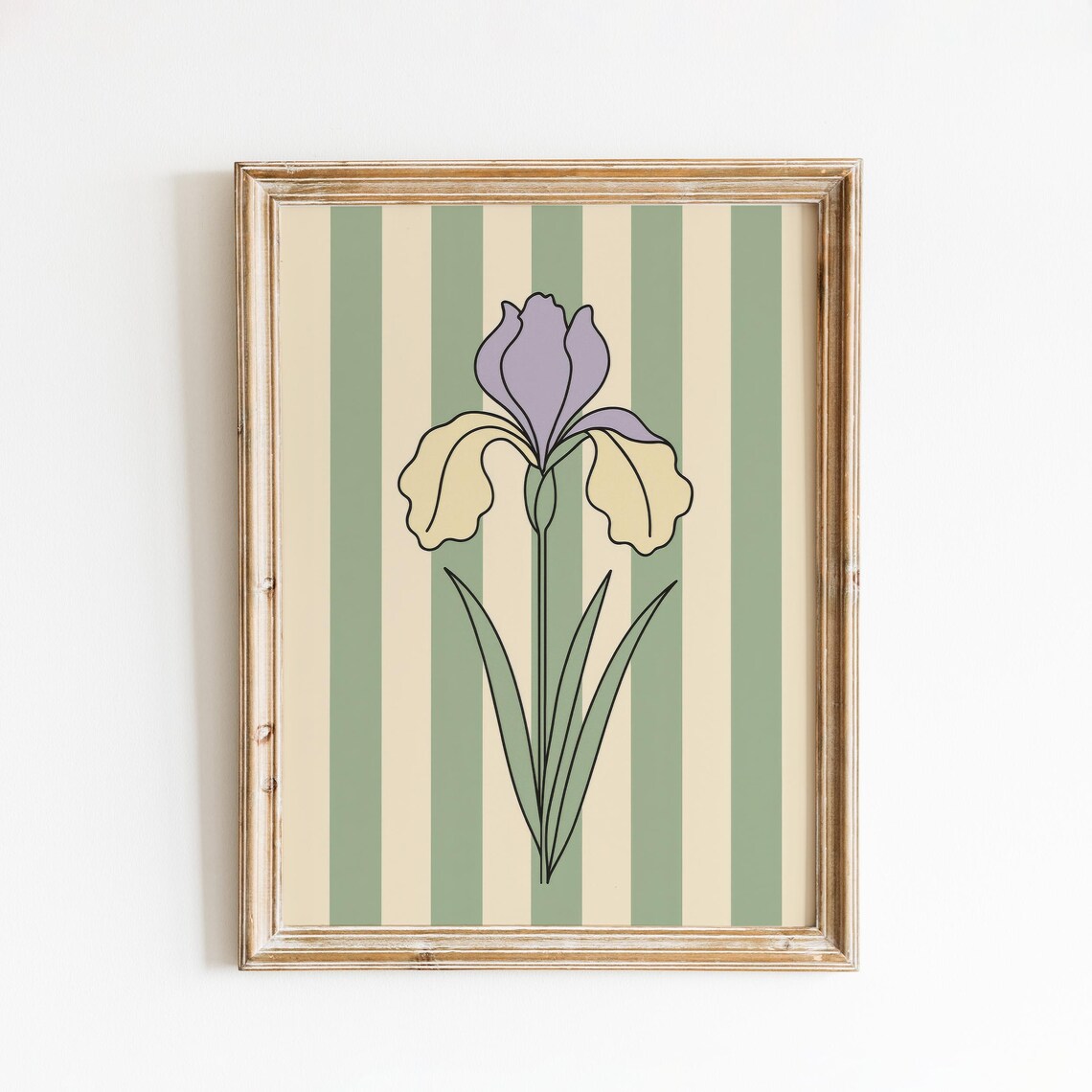 Purple Iris Flower Line Art Sage Striped Vintage Botanical Poster