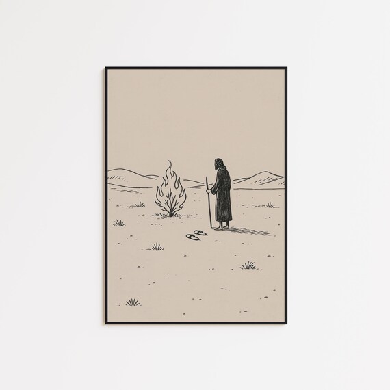 Moses And The Burning Bush Minimalist Christian Line Art Poster
