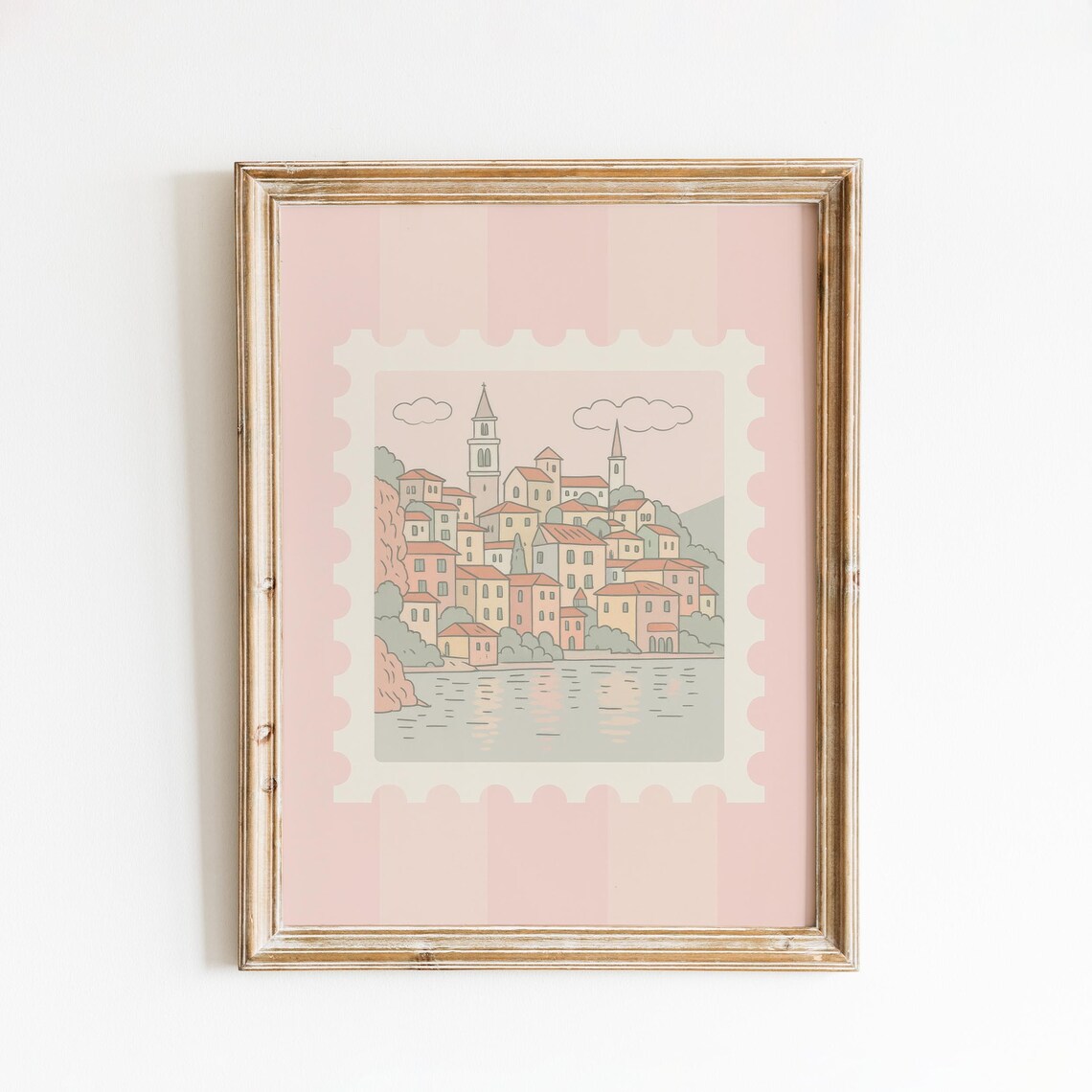 Pastel Lake Town Bell Tower Church Spire Pink Stamp Travel Poster