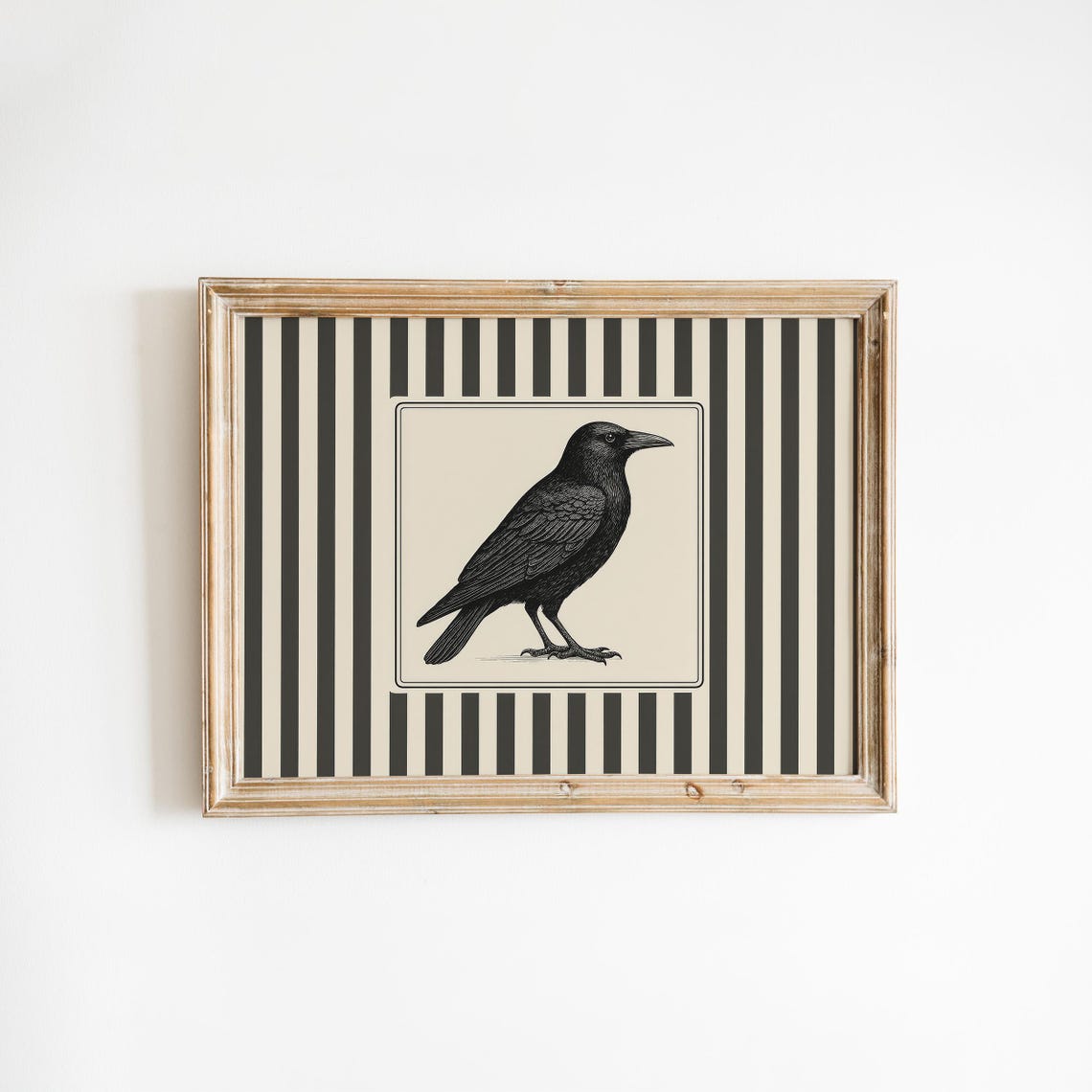 Vintage Crow Engraving Black and White Striped Bird Art Poster