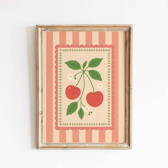 Cherry Folk Art Poster Retro Fruit Wall With Floral Border And Stripes