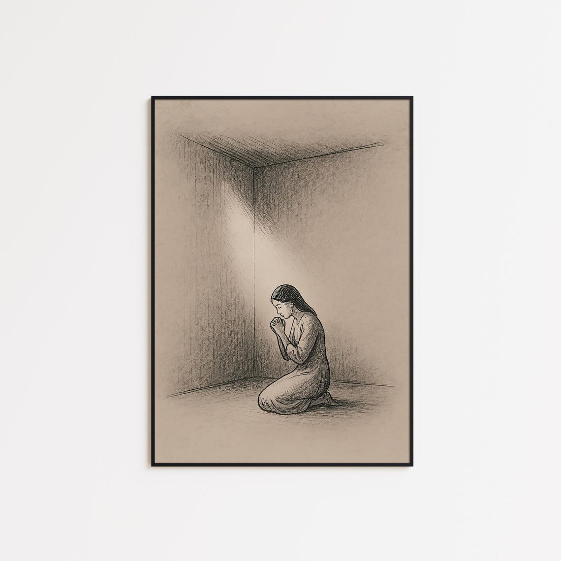 Woman Praying in Quiet Light Minimalist Christian Faith Poster