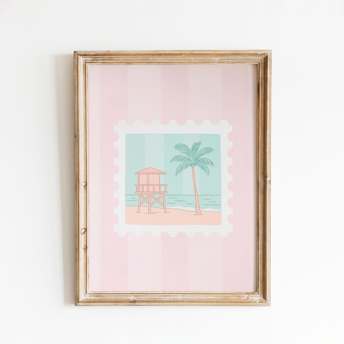Miami Beach Palm Tree and Lifeguard Stand Coastal Stamp Poster