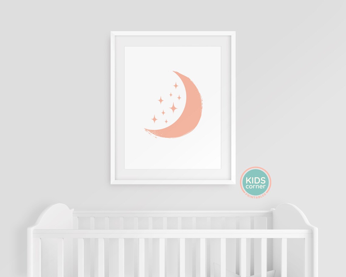 Orange Crescent Moon and Stars Nursery Wall Decor Night Sky Poster - Image 3