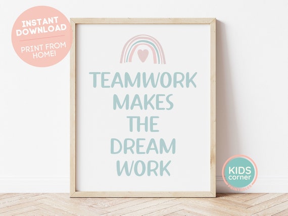 Teamwork Makes The Dream Work Print Rainbow And Heart Print Classroom Art Print Positive Message Art Blue