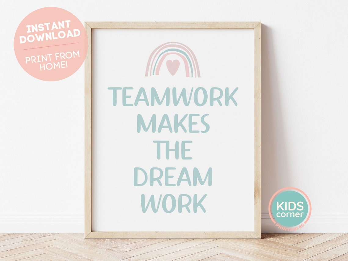 Teamwork Makes The Dream Work Pastel Rainbow Classroom Poster