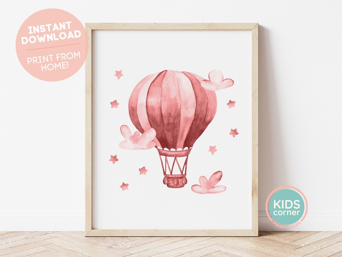 Pink Watercolor Hot Air Balloon Nursery Stars And Clouds Poster