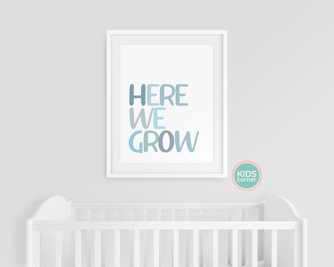 Here We Grow Slate Blue Hand Lettered Nursery Kids Decor Poster - Image 3