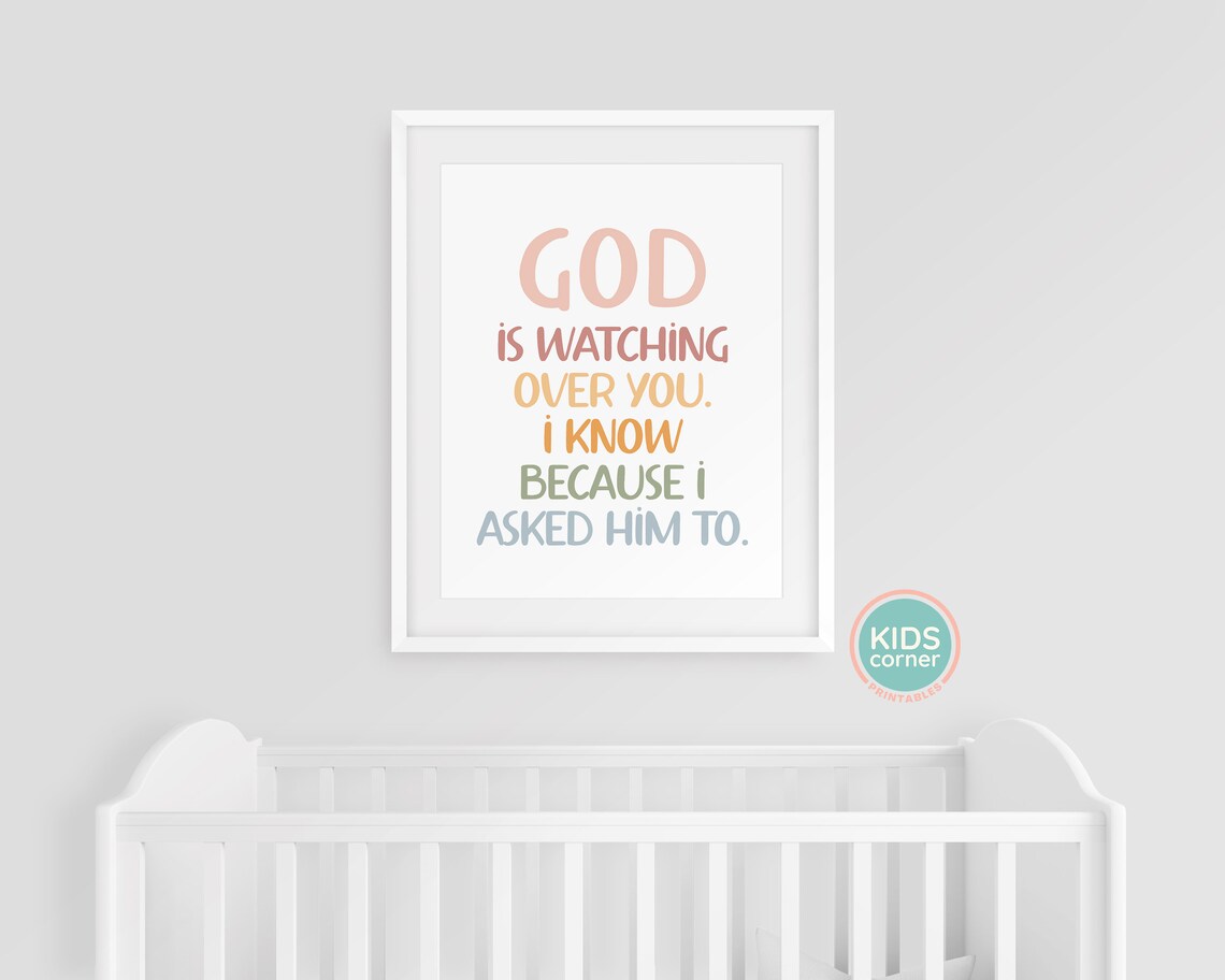 God Is Watching Over You Pastel Nursery Kids Faith Quote Poster - Image 2