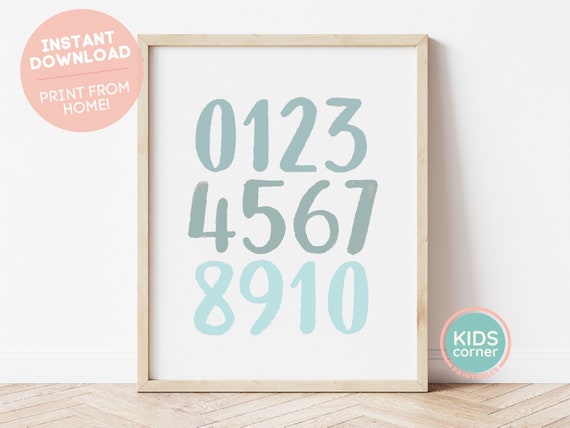 Numbers Wall Art Nursery Decor Playroom Number Poster Instant Educational Print Kids Wall Art Blue