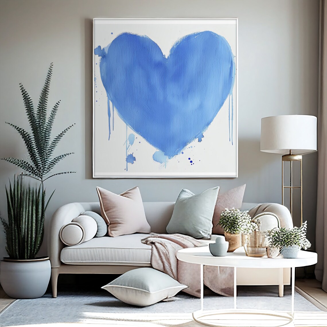 Hand Painted Blue Watercolor Heart Splash Minimalist Art Poster - Image 2