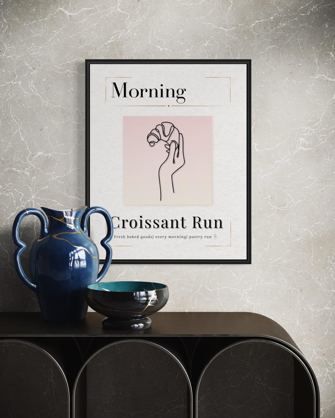 Morning Croissant Run Hand Holding Croissant Pink Line Art Poster - Image 3