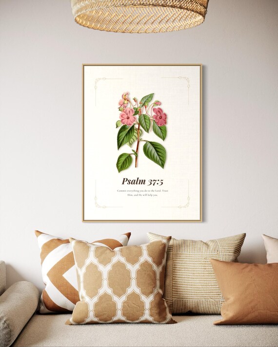 Psalm 37:5 Pink Vintage Botanical Scripture Verse Faith Poster