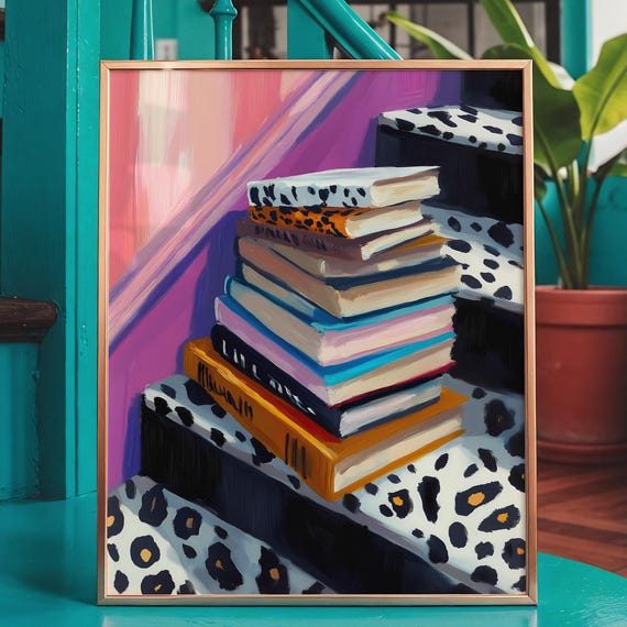 Leopard Staircase Book Stack Print Colorful Lover Wall Art
